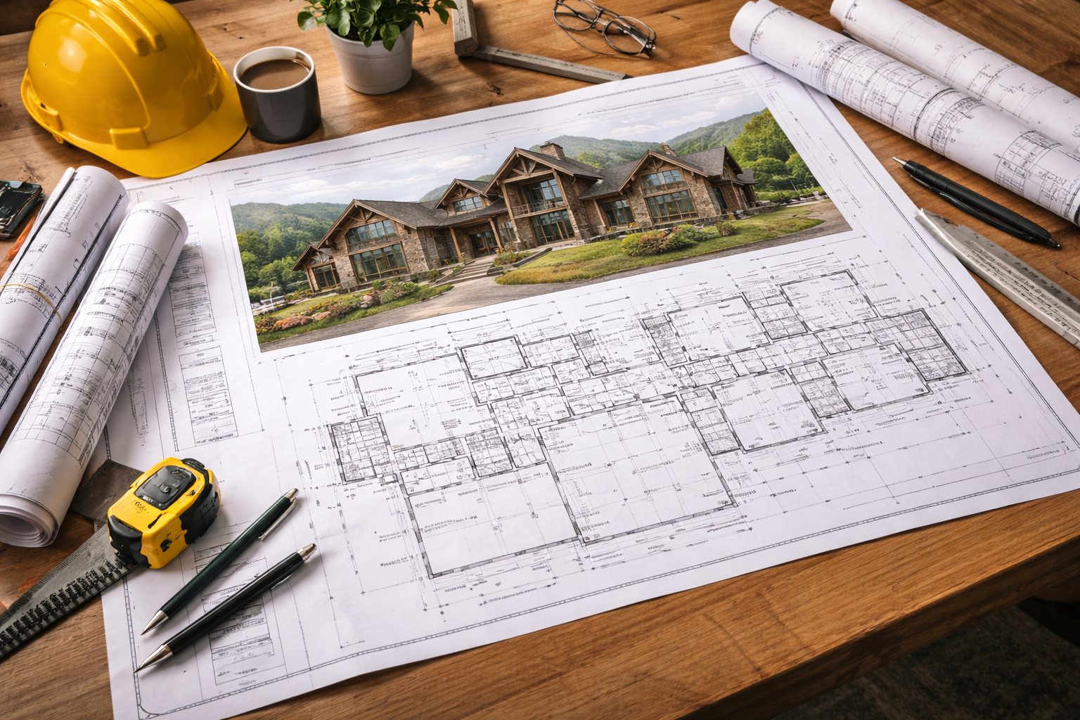 Architectural blueprint and computer-generated image of a large house on a wooden table, surrounded by drafting tools, a yellow hard hat, a cup of coffee, a potted plant, and rolled-up blueprints.