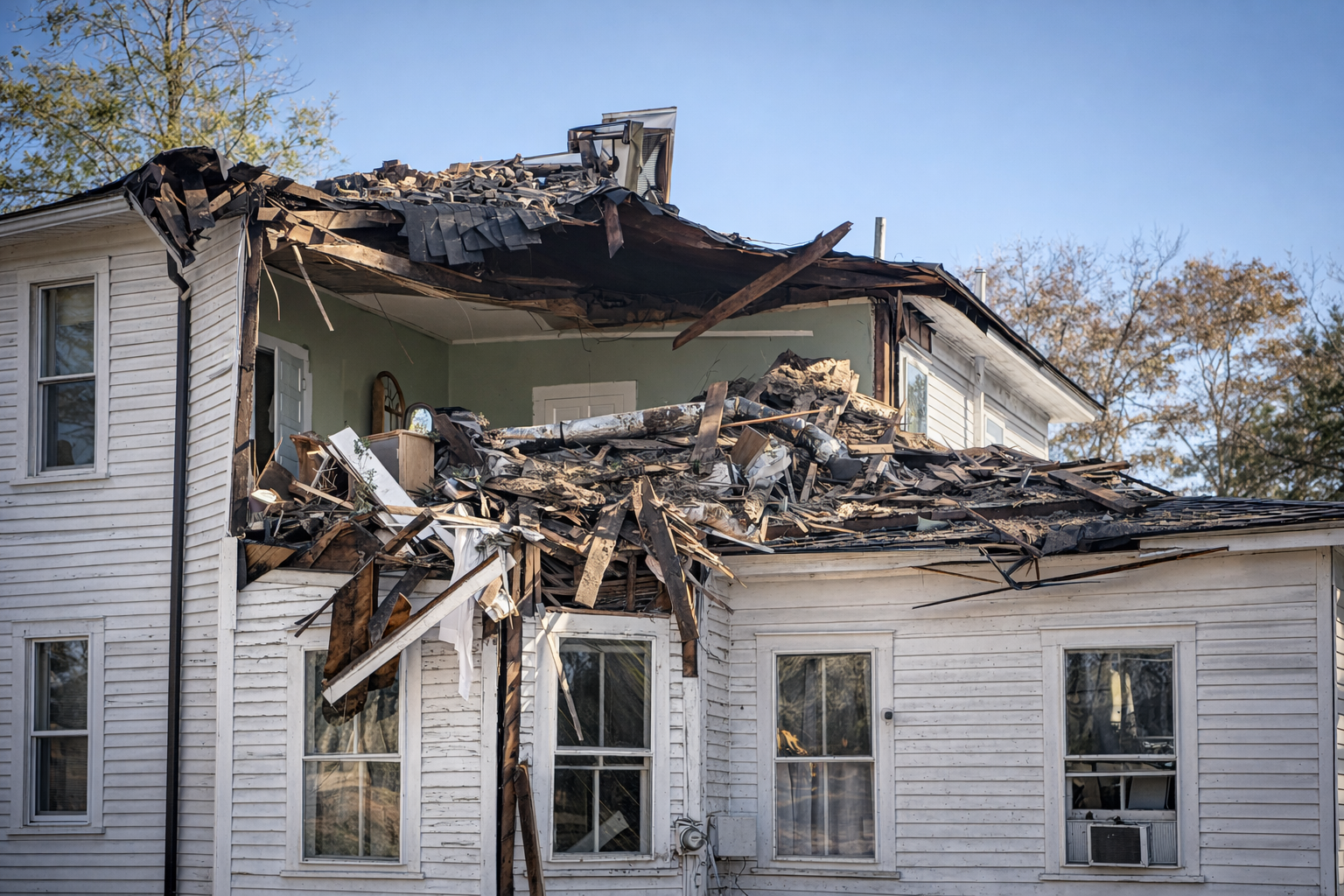 The top floor of a house has extensive fire damage, with collapsed roofing, broken windows, and charred debris visible inside.