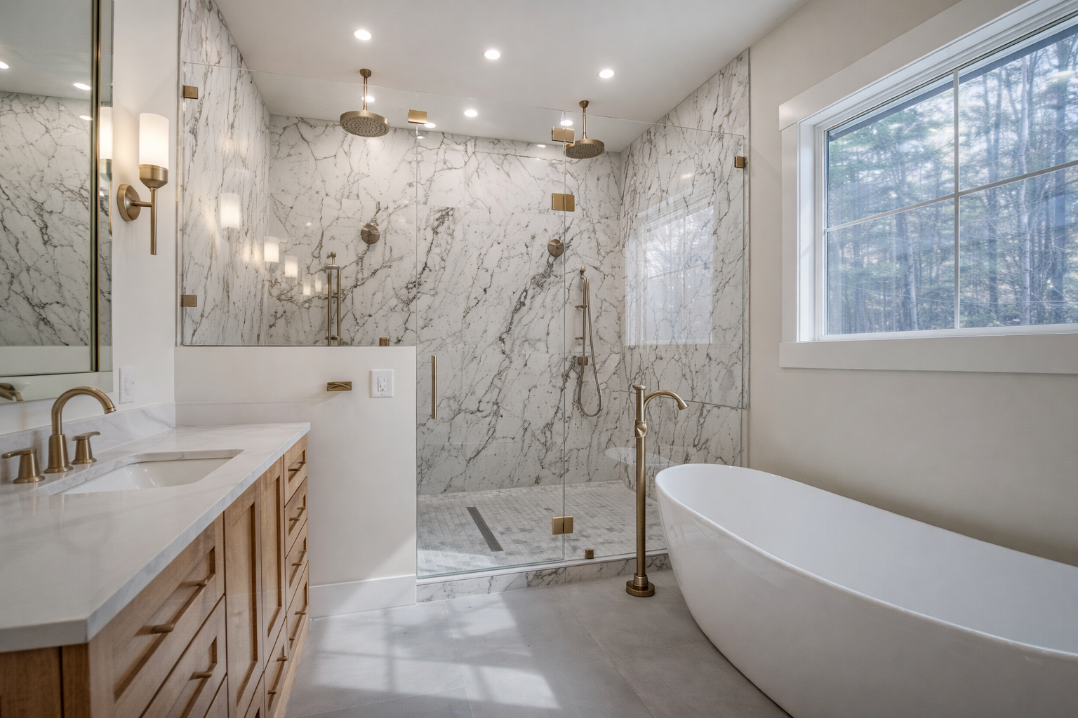 Modern bathroom with a large marble shower, a white free-standing tub, a wooden vanity with a white countertop, and a window overlooking trees.