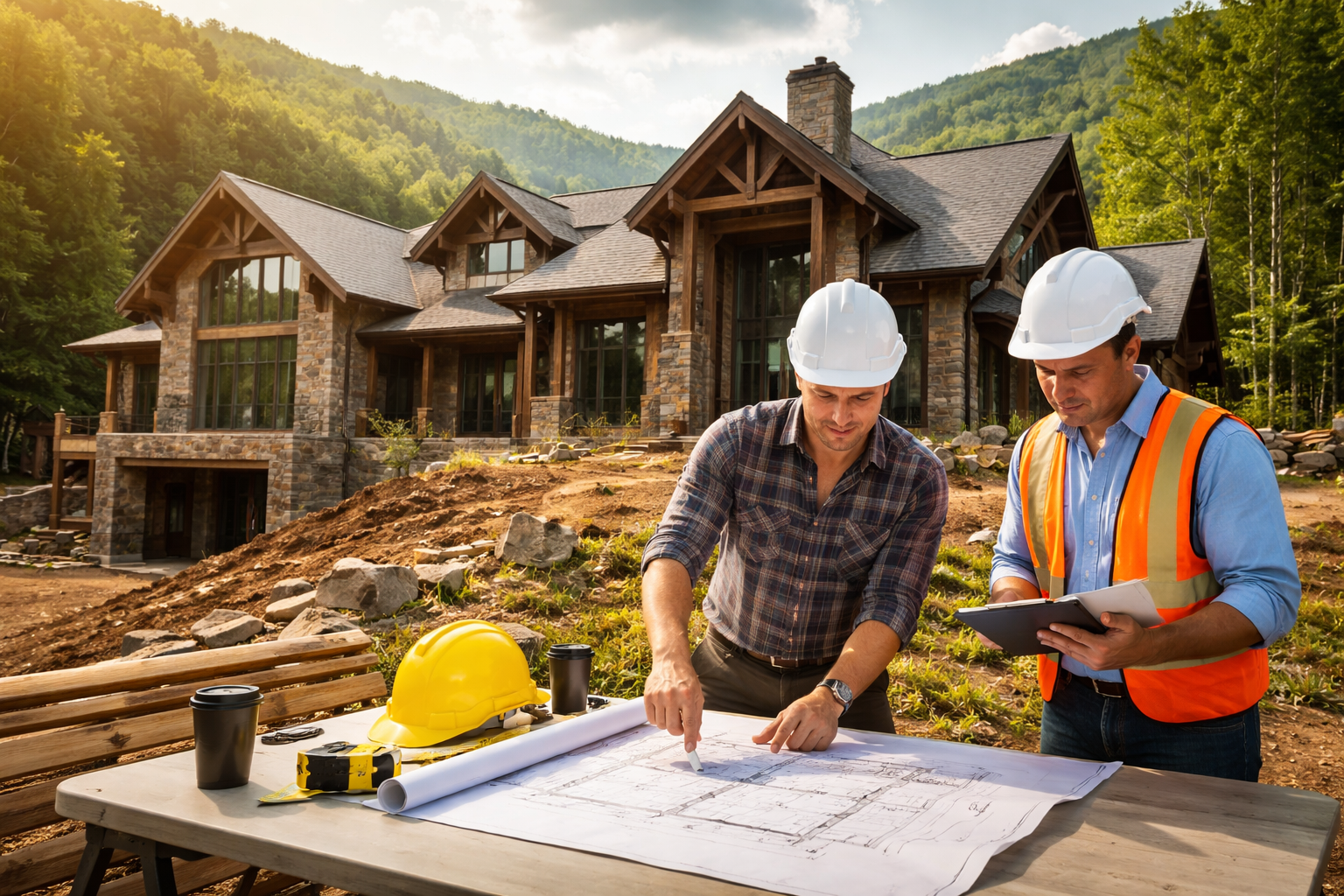 Two construction engineers, wearing white hard hats, reviewing blueprints at an outdoor construction site in front of a large house with a mountain backdrop, with tools and a yellow safety helmet on the table.
