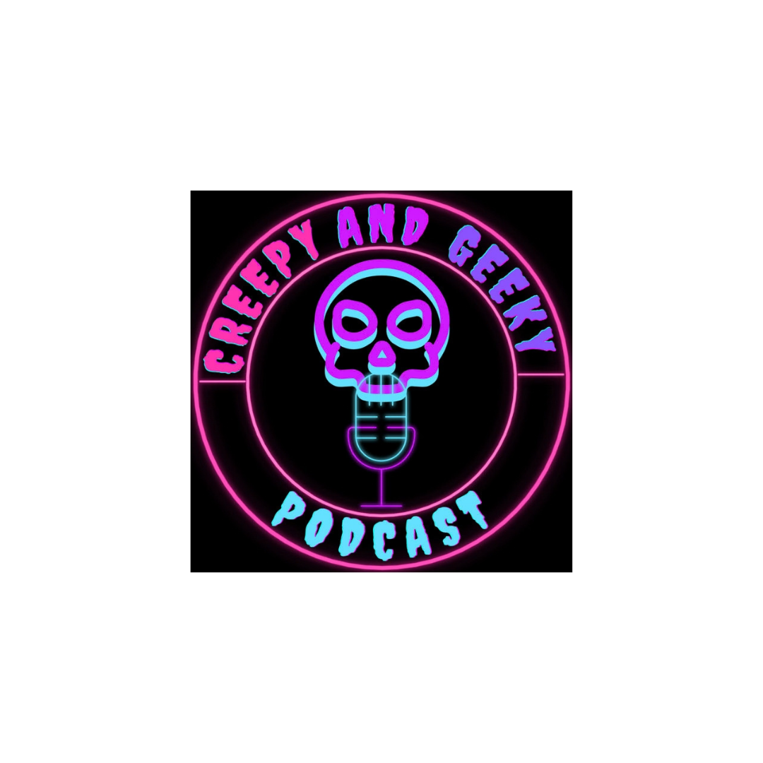 Neon sign with a skull on a microphone and the text 'Creppy and Geeky Podcast' in purple and blue.