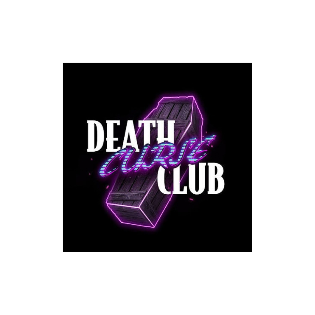 A neon-style graphic with a wooden coffin, the words 'Death Acid Club' and 'acid' in glowing purple and blue, on a black background.
