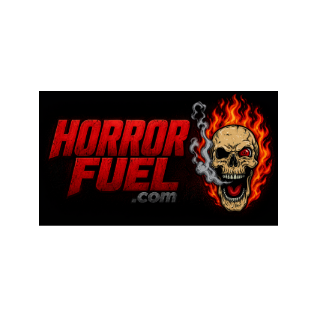 HorrorFuel.com logo featuring a flaming skull with red eye and smoke.