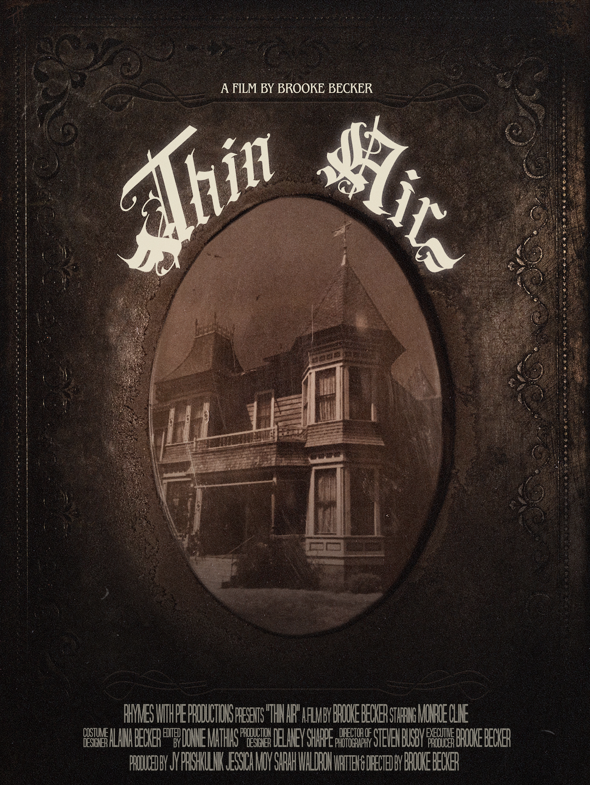 Vintage style movie poster for 'Thin Air,' directed by Brooke Becker, featuring an old house with a Victorian style