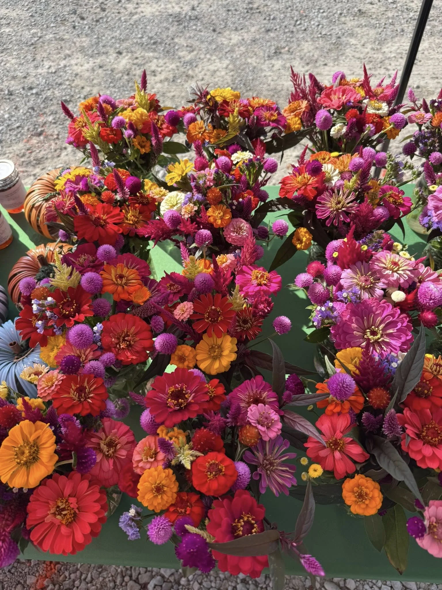 A colorful display of various flowers in purple, pink, red, orange, and yellow, arranged in baskets on a green surface outdoor.