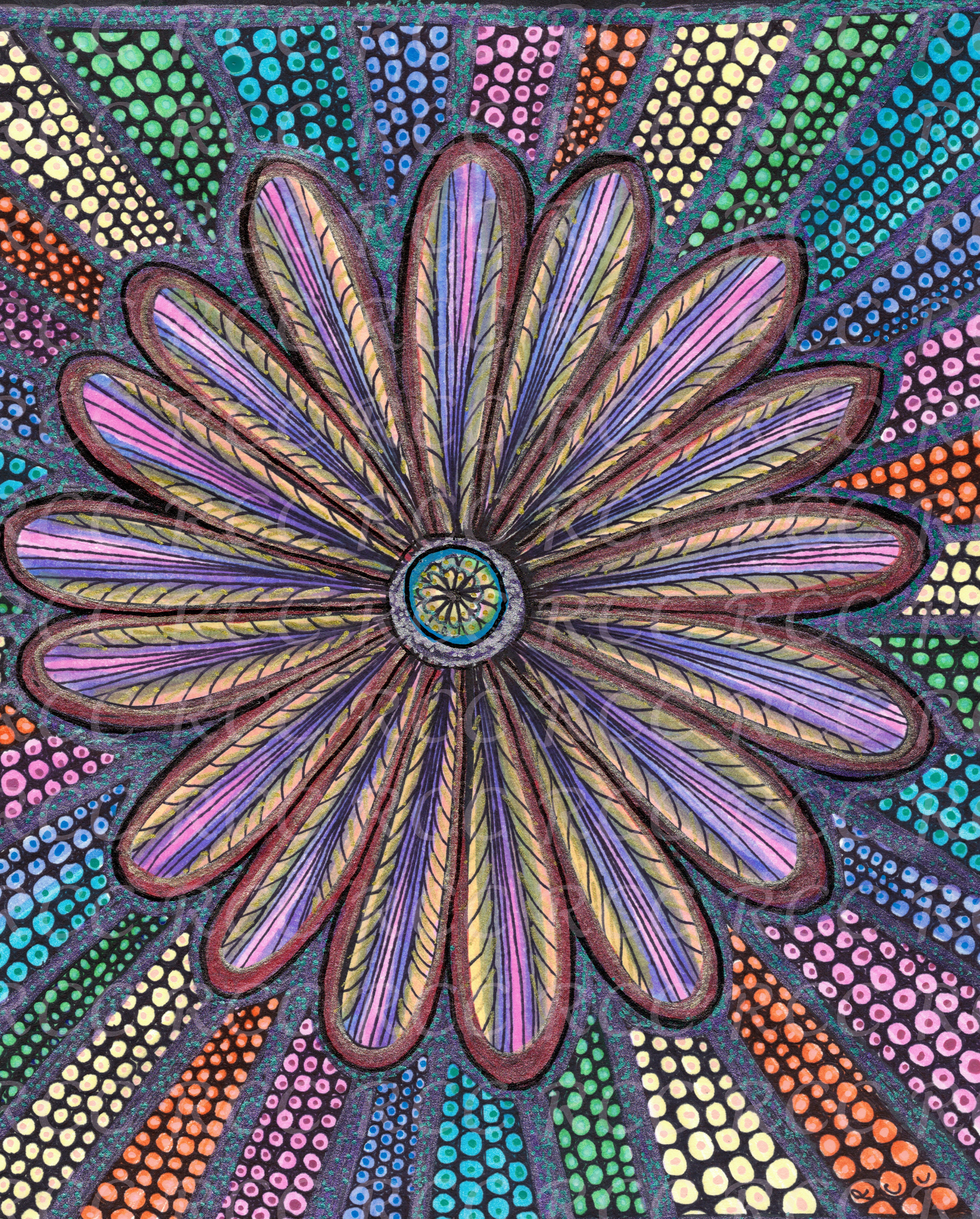 Feathery wings of pink purple and gold radiate out from a blue eyed eyeball in the center. Bubbles of rainbow light radiate out from the angel bursting through into this meat space reality.

Painted using sharpie, acrylic pens, and glitter pens.