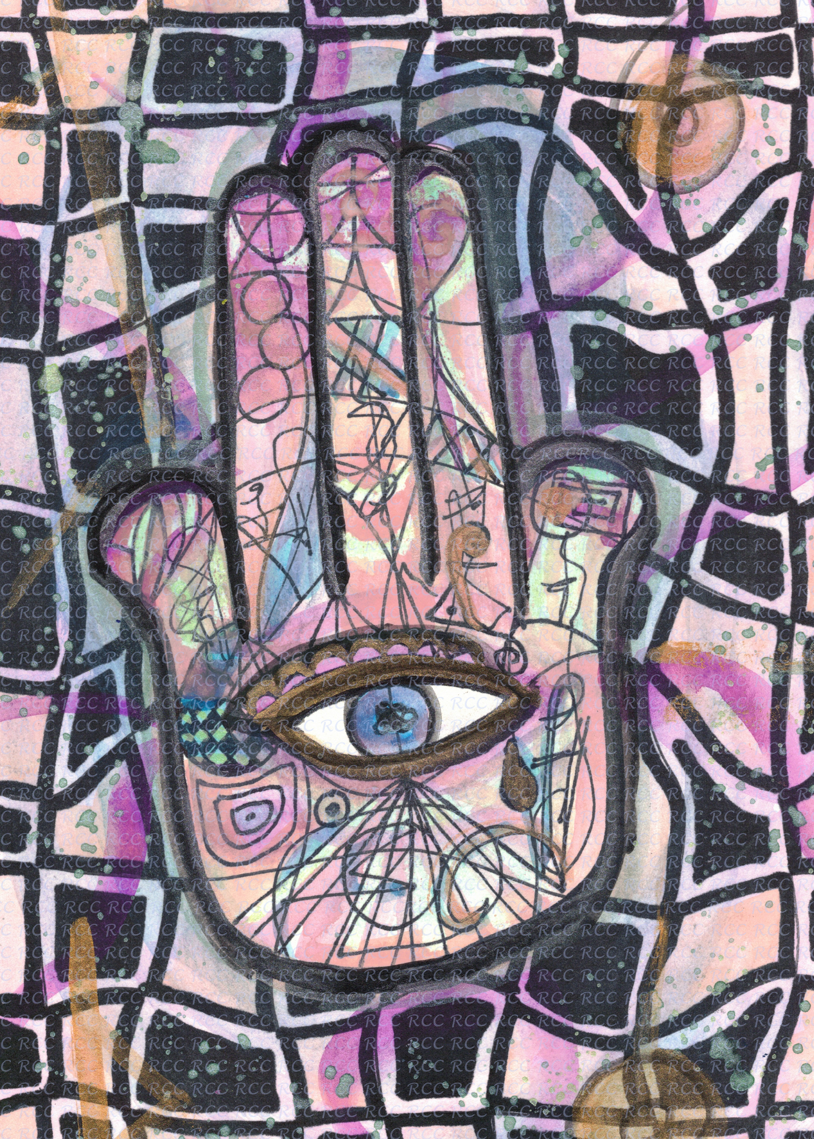 This hamsa glows with various neon frequencies. Blue glowing eye in the palm and the lines of reality start to ripple. 