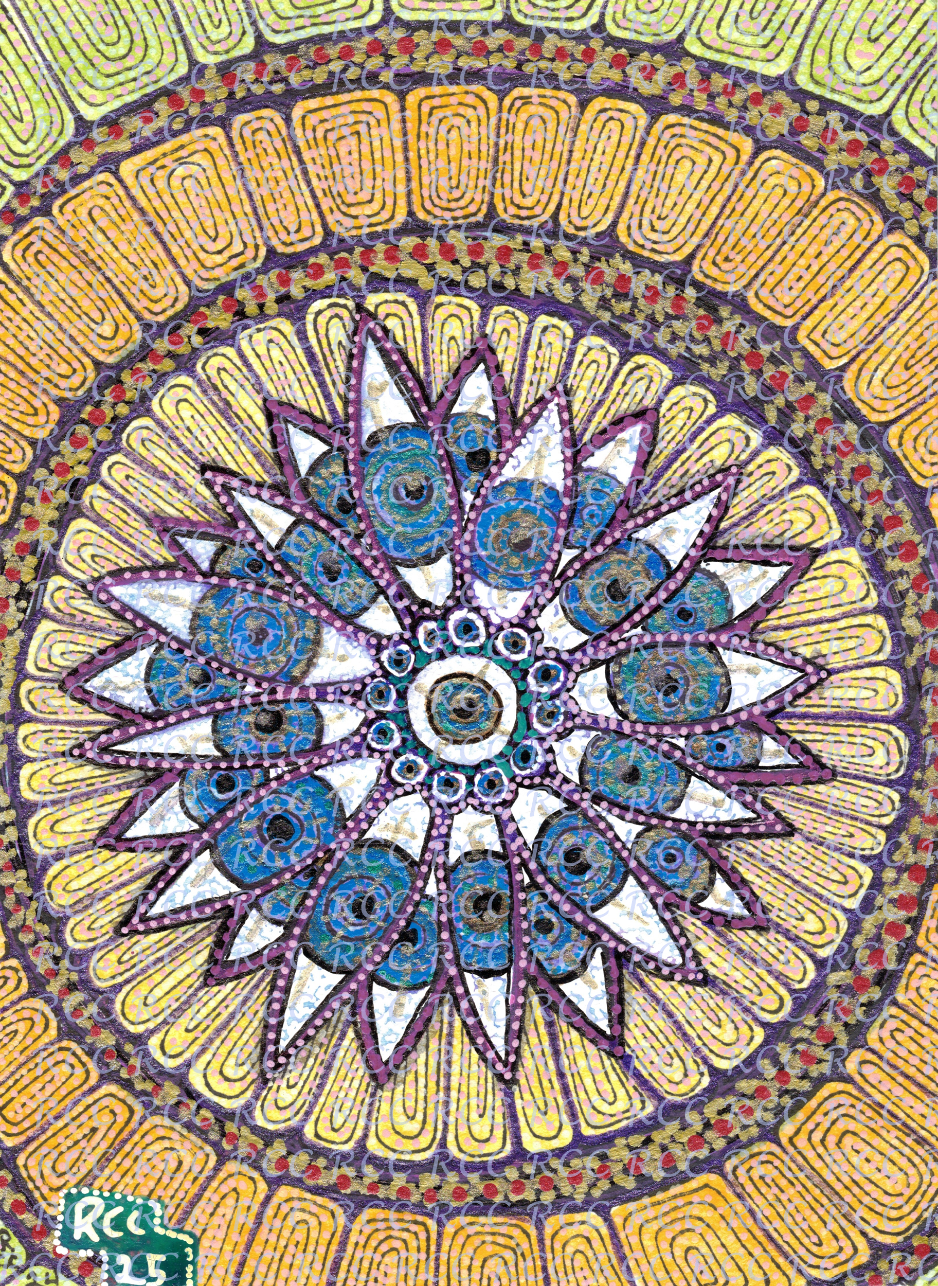 A series of blue eyes radiate out like the rays of the sun. A golden glow pulses and radiates out from the center of the angel as it breaks through into our meat reality.

Painted using sharpie, watercolor, and various acrylic pens.