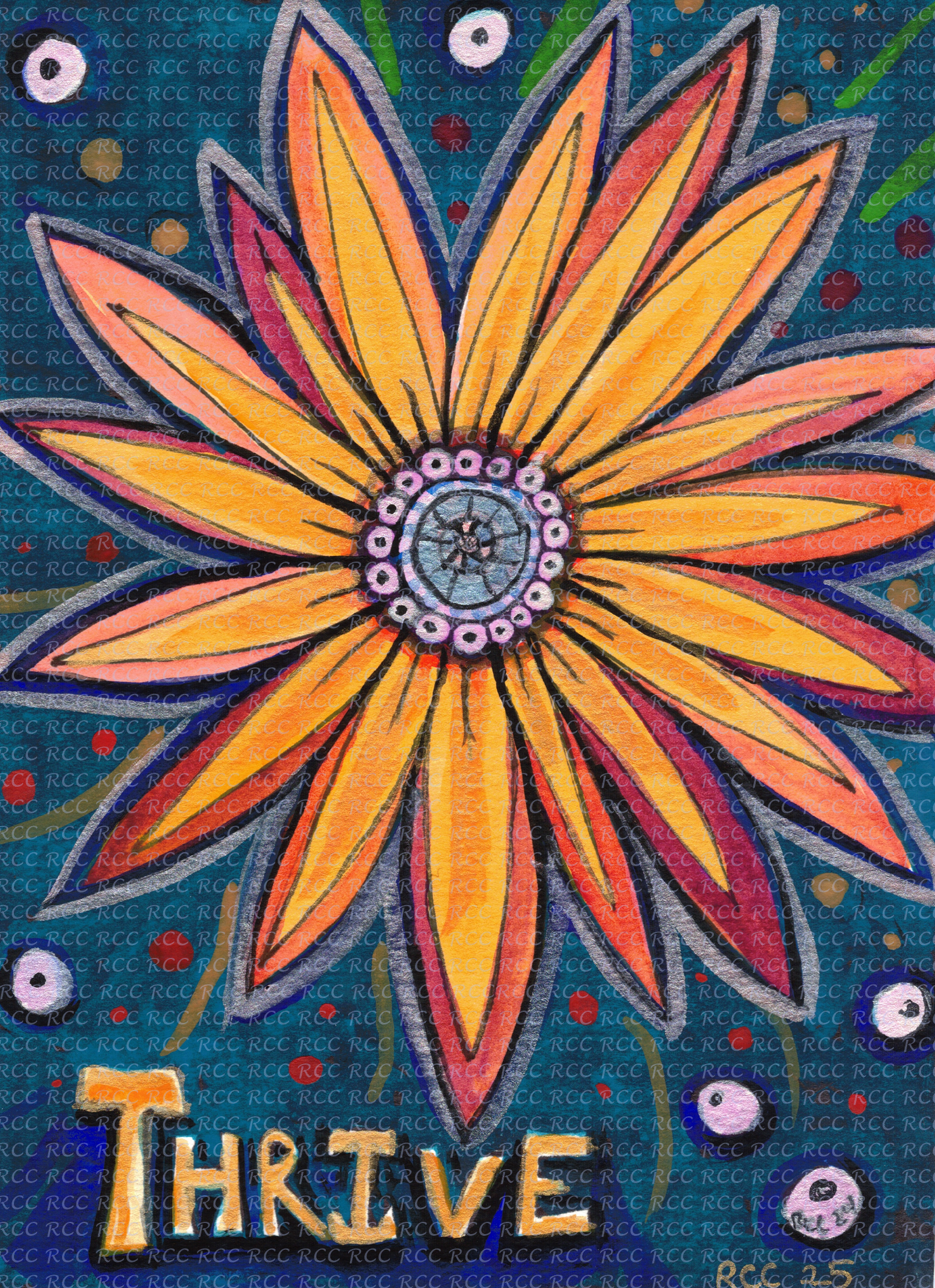 This angel screams at you that it is time to Thrive. It vibrates in the yellows and reds and oranges in its intensity. It is watching you.