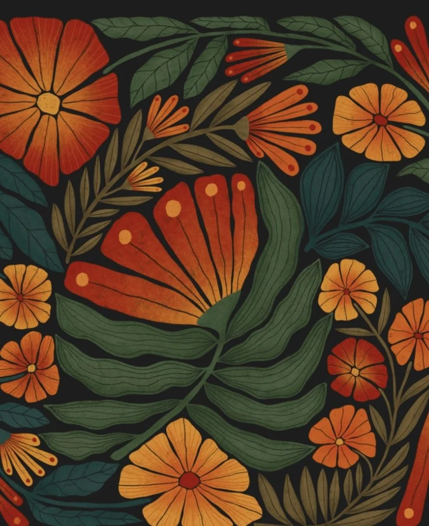Colorful floral pattern with large orange and red flowers and green leaves on a black background.