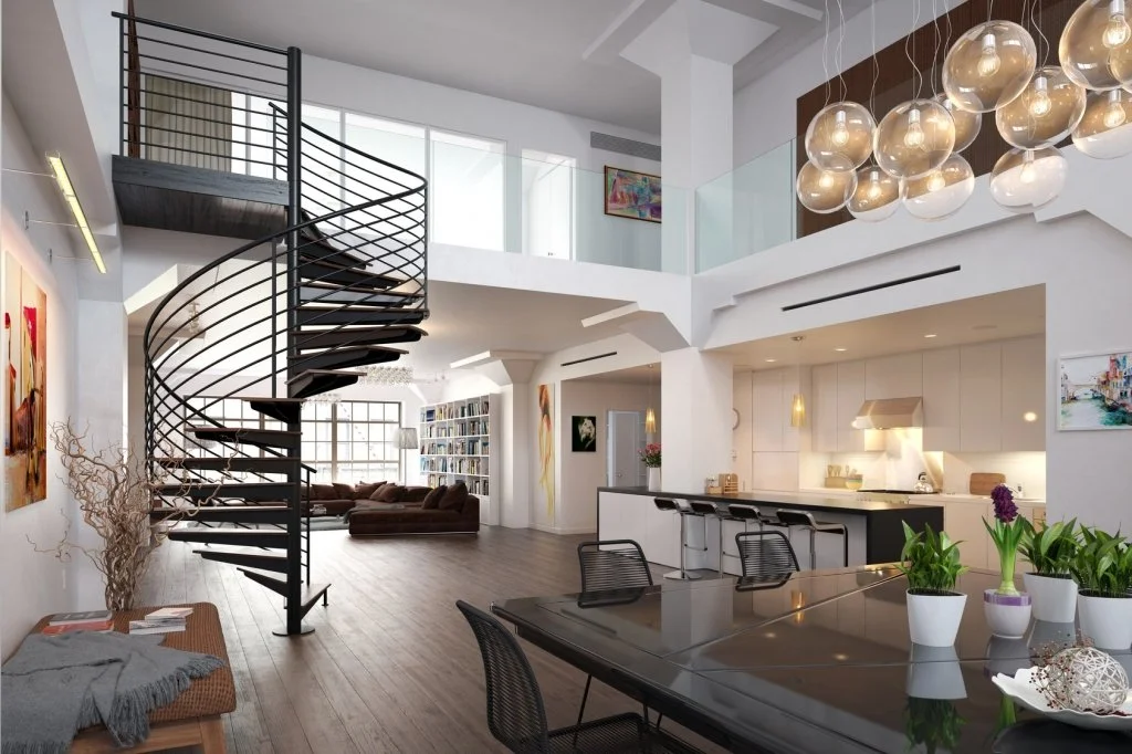 Modern open-concept living space with a spiral staircase, lounge area, bookshelf, dining table with plants, and a kitchen with pendant lights.
