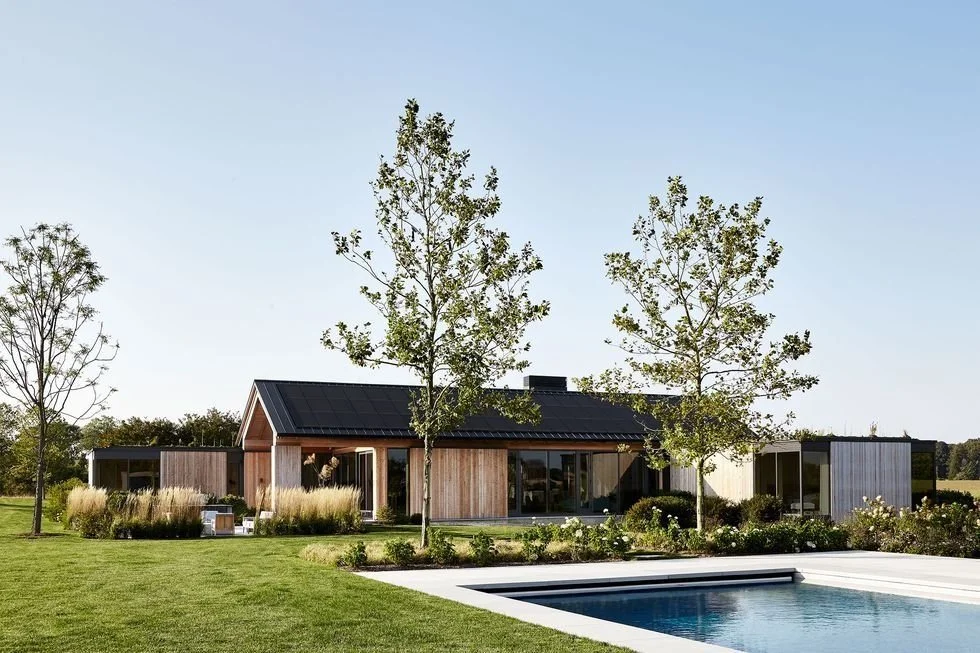 Modern house with a sloped roof, large glass windows, surrounded by trees and a garden, with a swimming pool in the foreground.