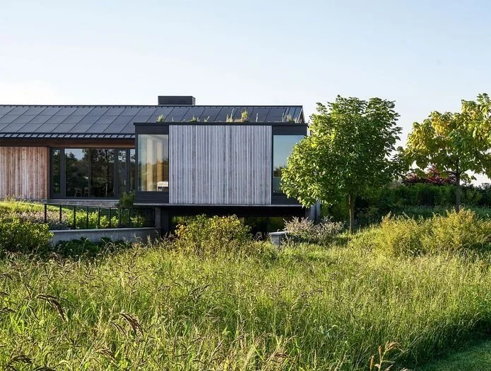 Modern house with large windows, metal roof, surrounded by grass and trees.