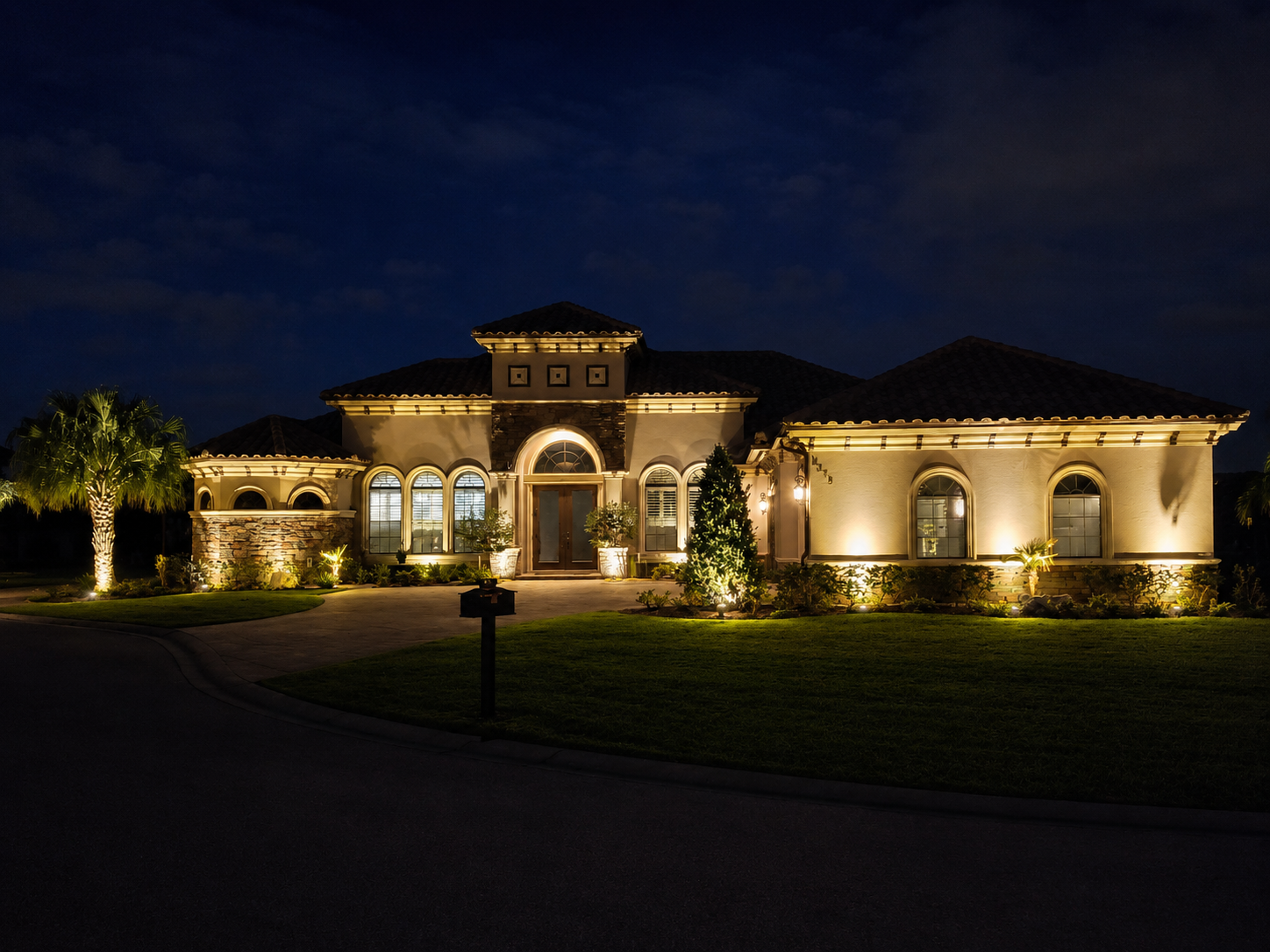 Night view of a well-lit luxury house with a curved driveway, palm trees, and landscaped garden in the front. Get garden lighting today