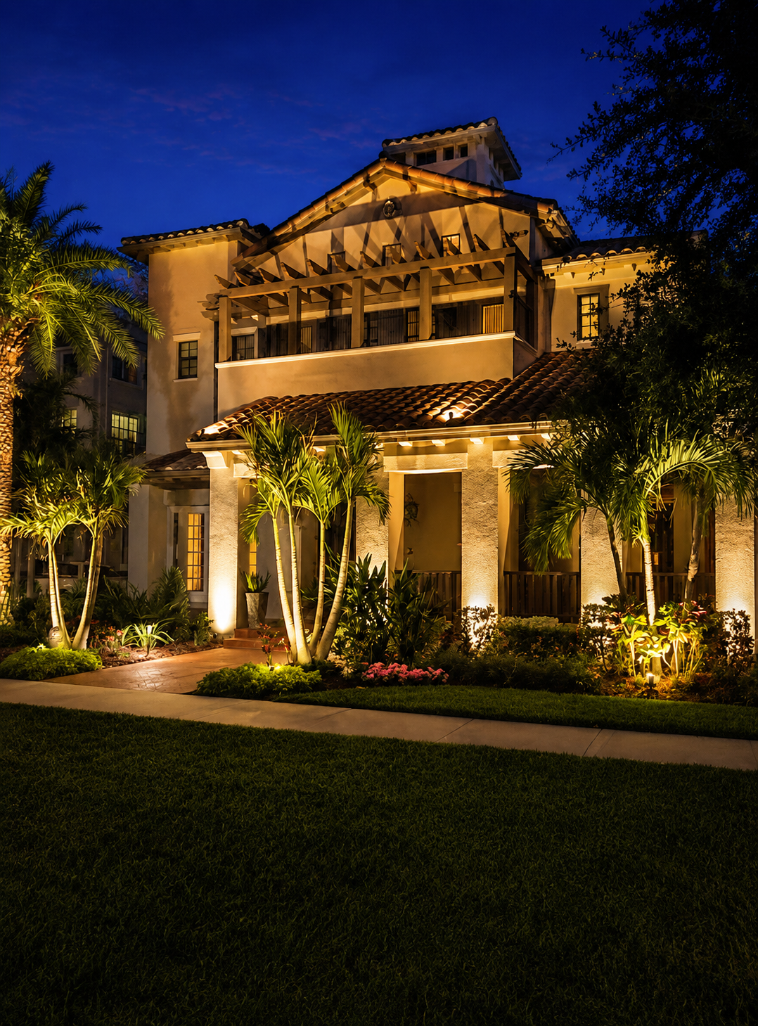 A well-lit, multi-story house with a Spanish-style tiled roof, surrounded by palm trees and landscaped garden at night. Vibe Lighting Install