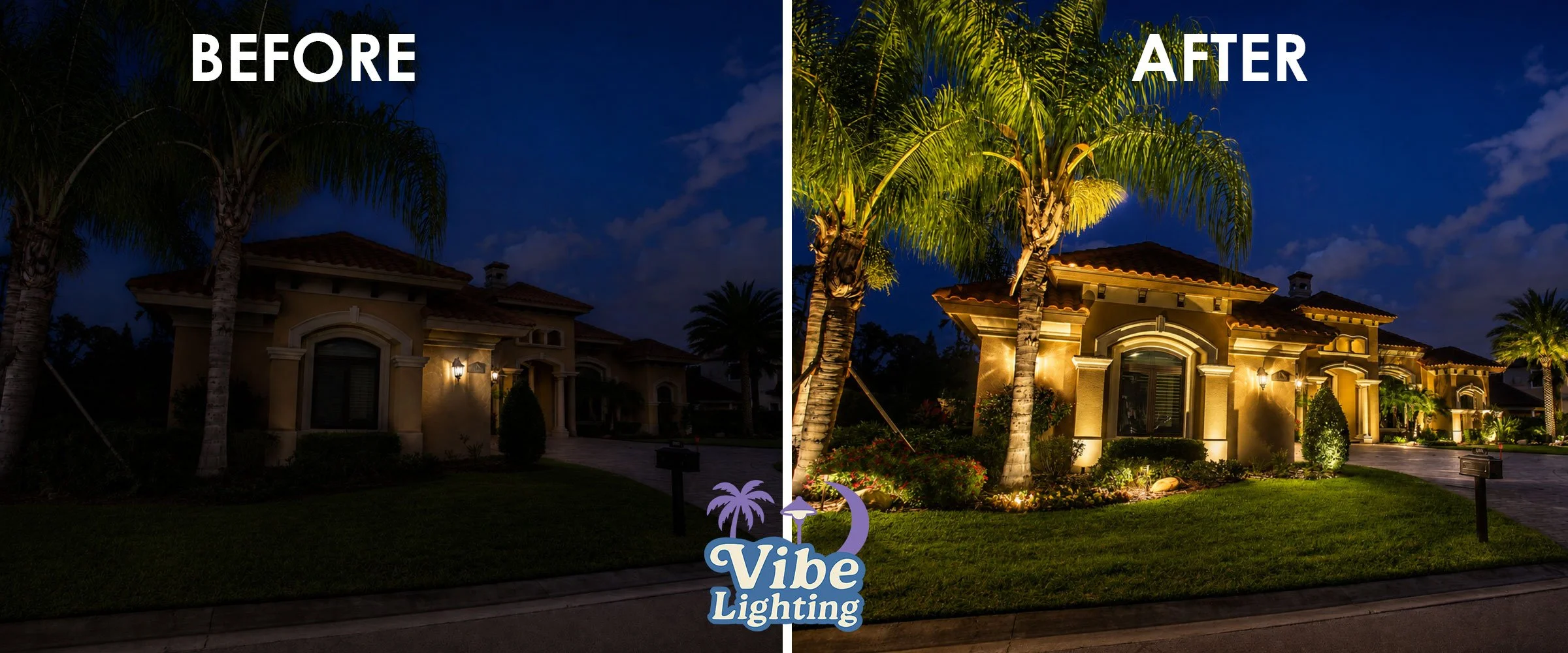 landscape lighting before and after in brandon florida. Install by Vibe Lighting