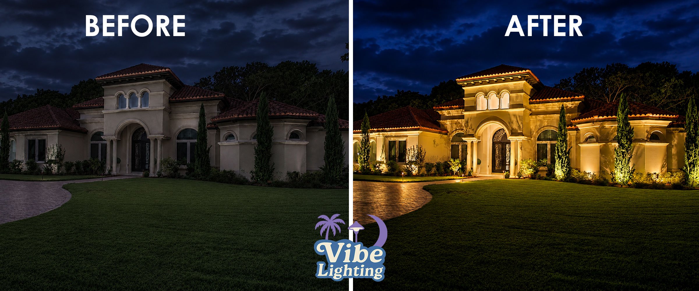 landscape lighting before and after in lakeland florida. Install by Vibe Lighting