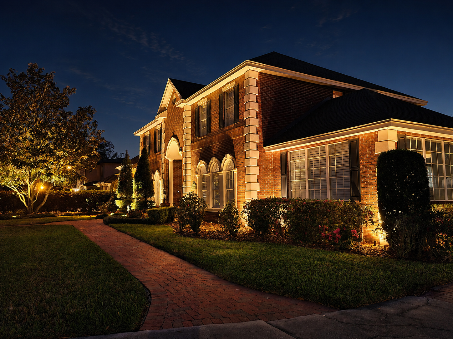 brick home in lake hollingsworth, FL with professional outdoor lighting. Tree lights. Wall wash. By Vibe Lighting