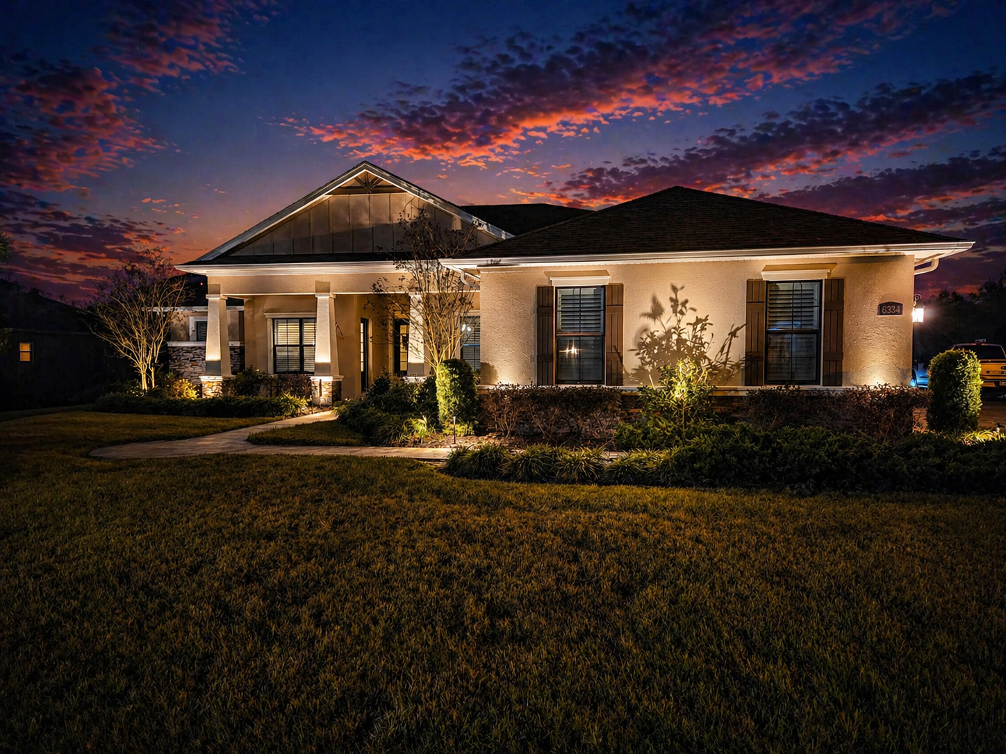 front yard landscape lighting walk way lights, path lights, tree lighting, and bush lighting