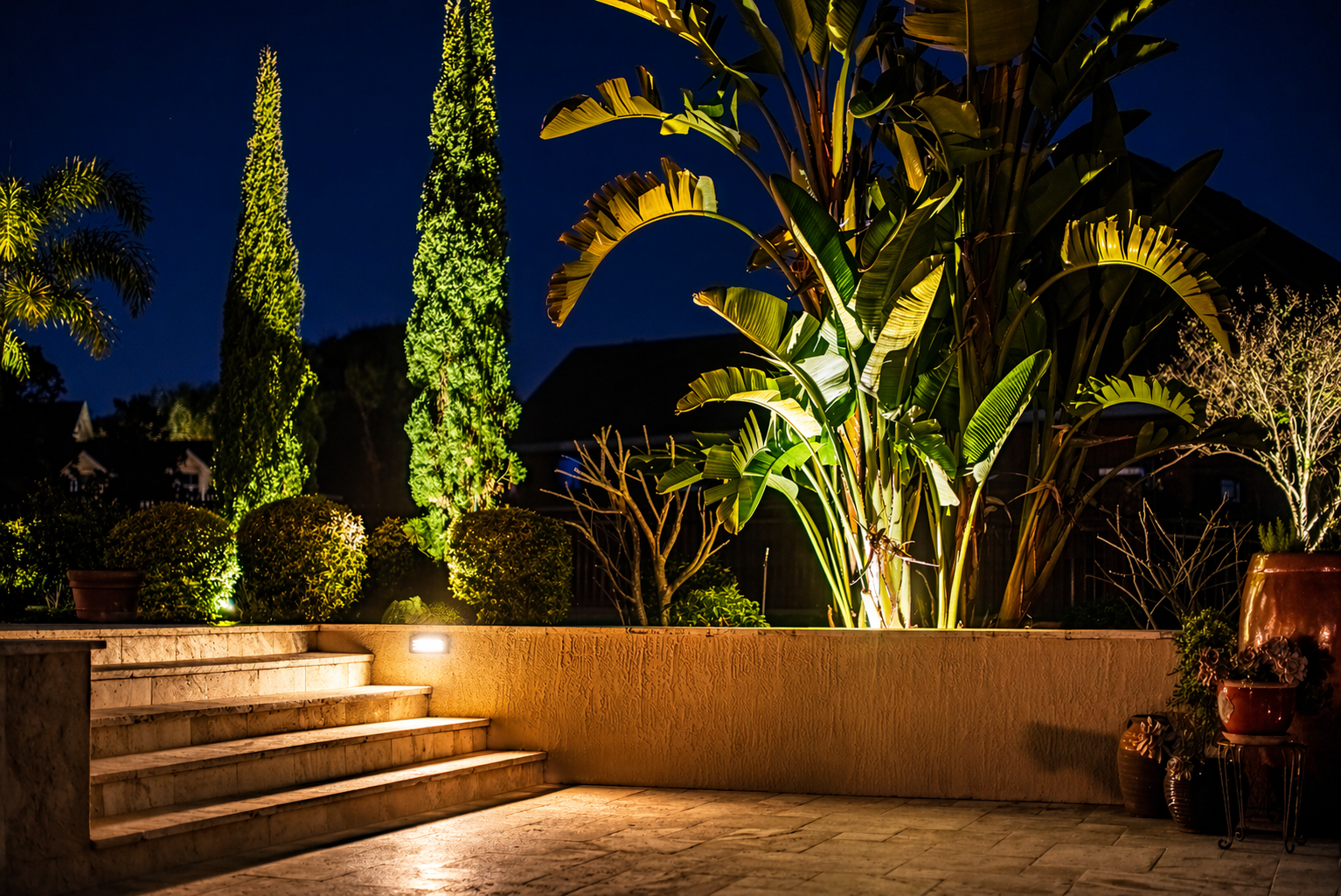 Nighttime view of a backyard garden with illuminated tropical plants, including banana trees and tall cypress trees, next to stone steps and a textured wall, under a dark blue sky. Vibe Lighting Lakeland FL