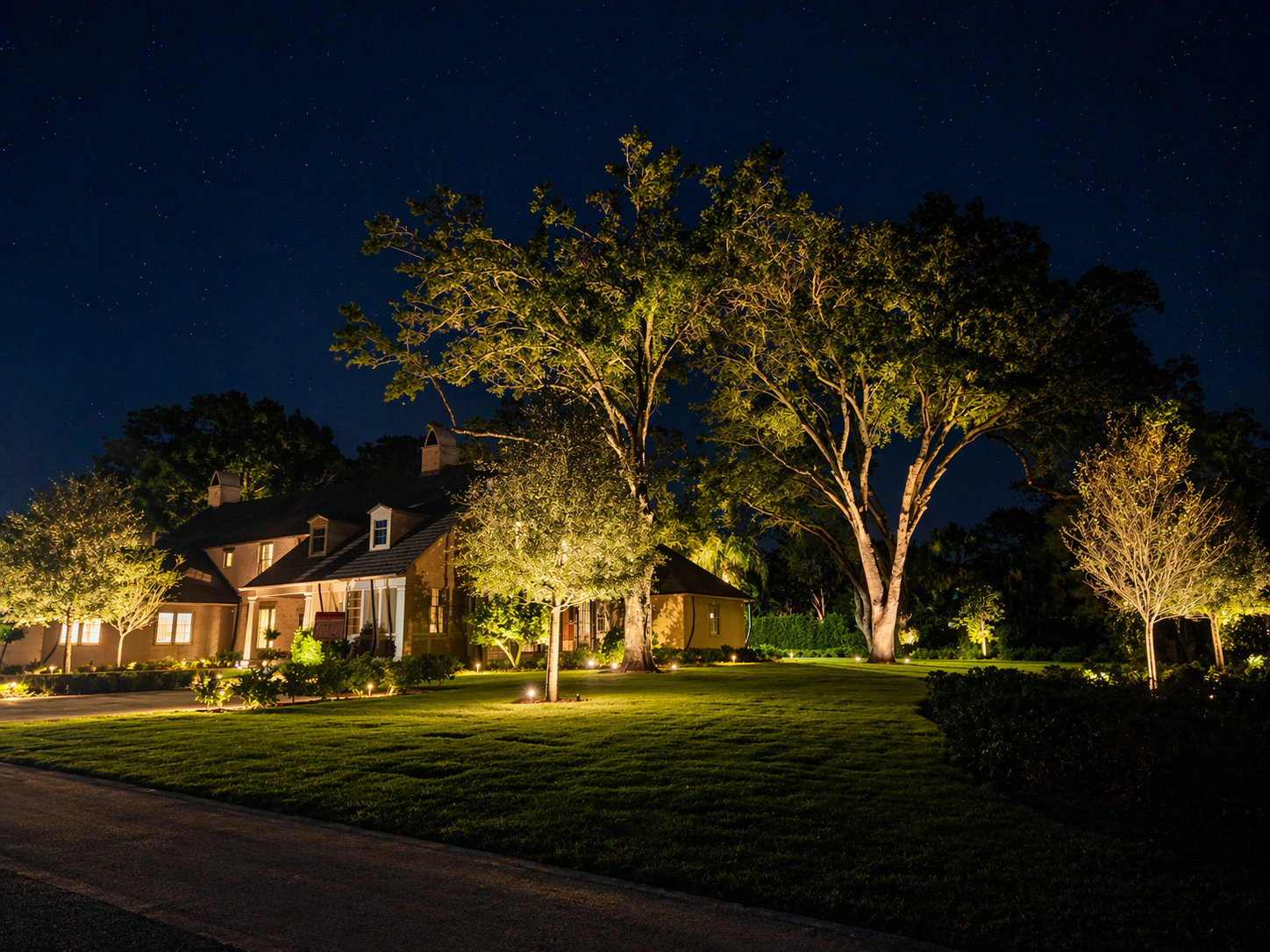 Night view of a house with illuminated trees and garden under a starry sky by Vibe Lighting in Sarasota Florida. Landscape, outdoor, exterior lighting contractors.