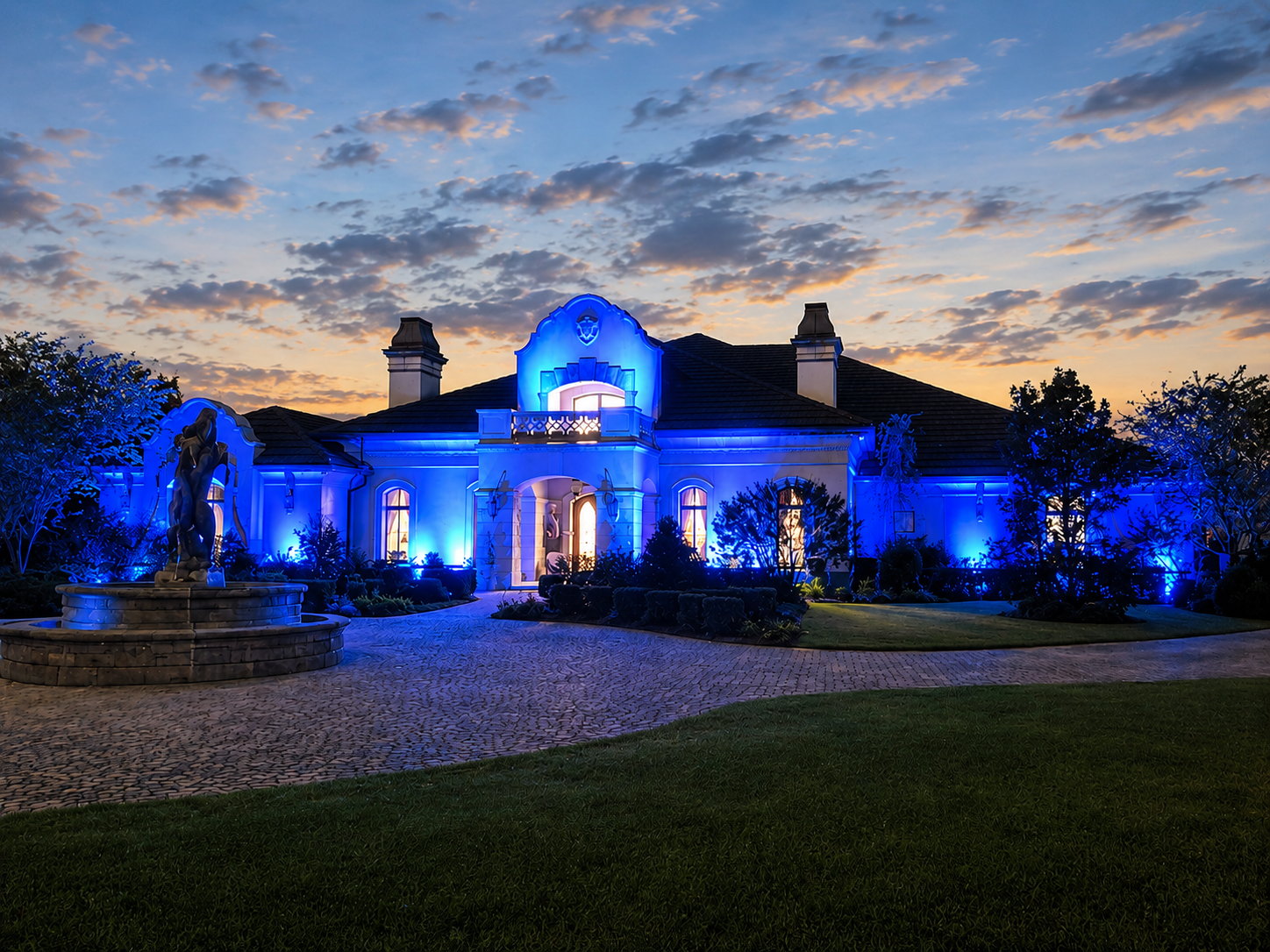 A large house illuminated with blue lights at sunset. Custom permanent architectural lighting by Vibe Lighting in Florida