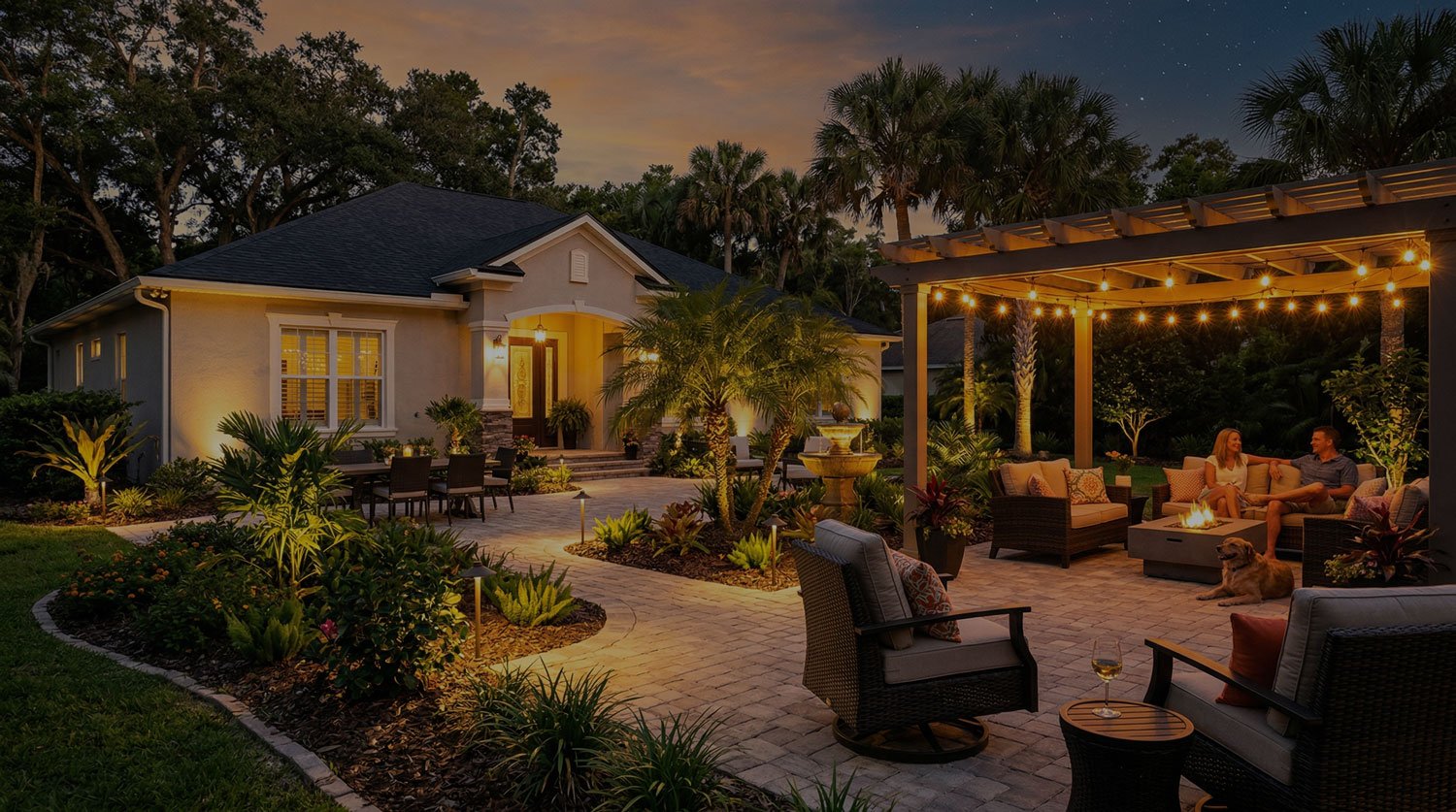 Landscape Lighting by Vibe Lighting, Florida. Nighttime backyard patio with outdoor seating, string lights, and two people sitting and talking, a dog resting, lush landscaping, a fountain, and a house with warm lighting in the background.
