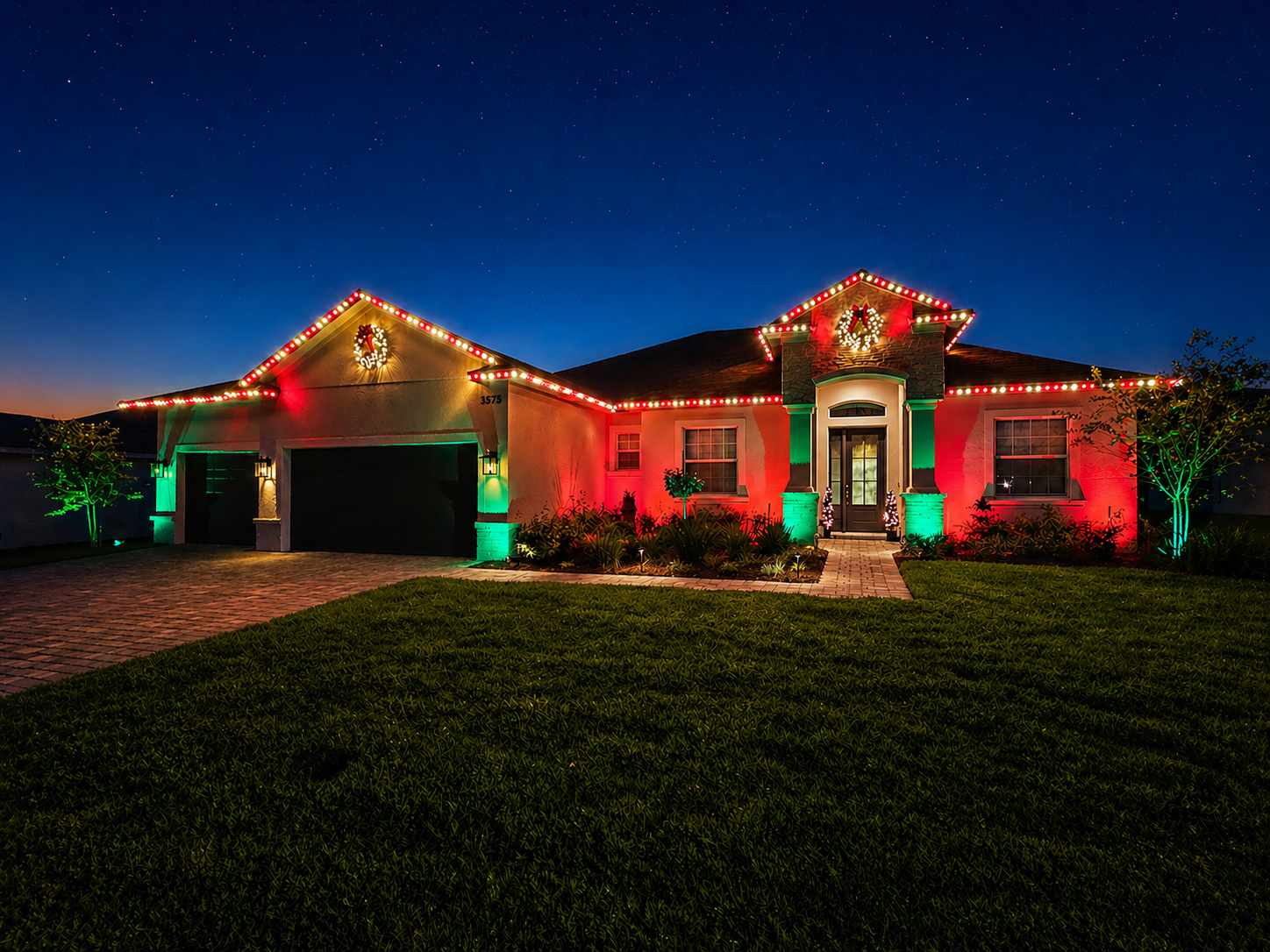 A house decorated with Christmas lights, featuring red, green, and white lights outlining the roof and windows, with wreaths on the house and trees lit with colored lights, under a starry night sky. Vibe Lighting - Landscape Lighting Installation