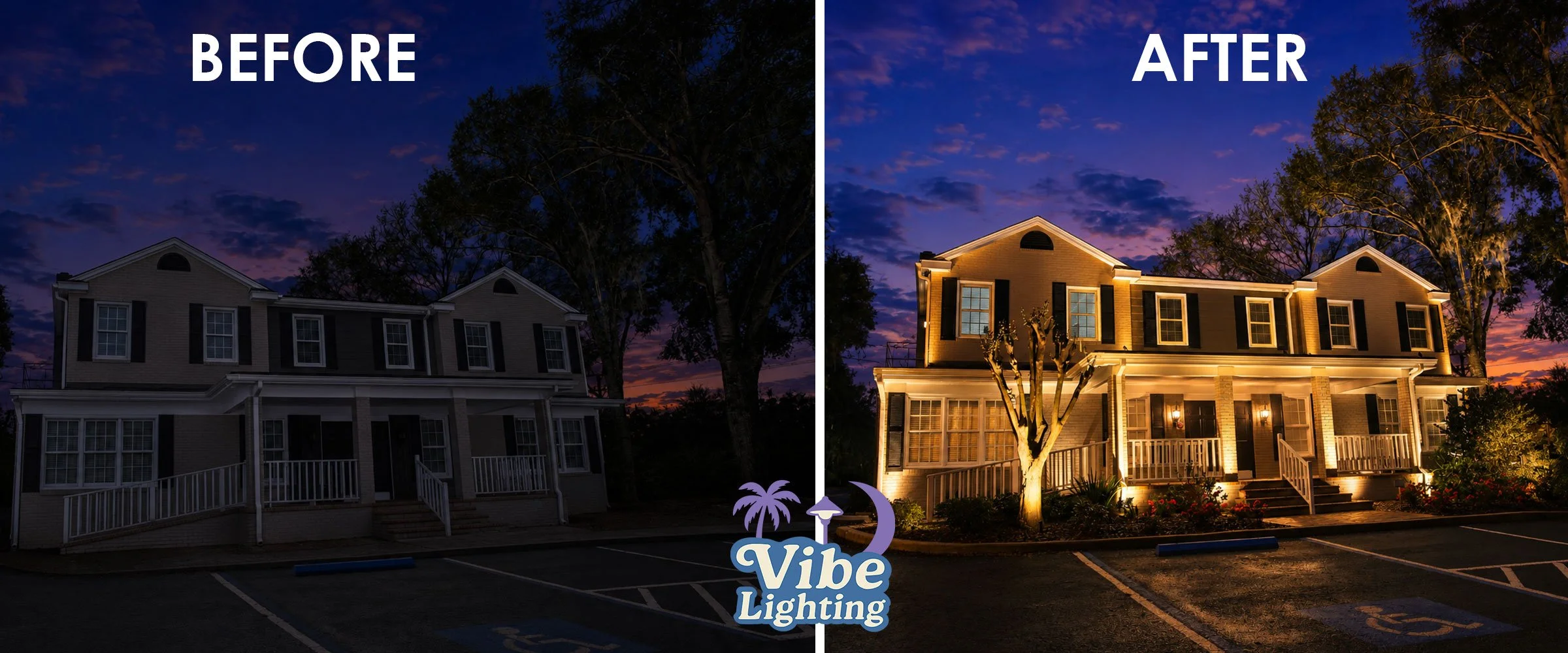 landscape lighting before and after in central florida. Install by Vibe Lighting