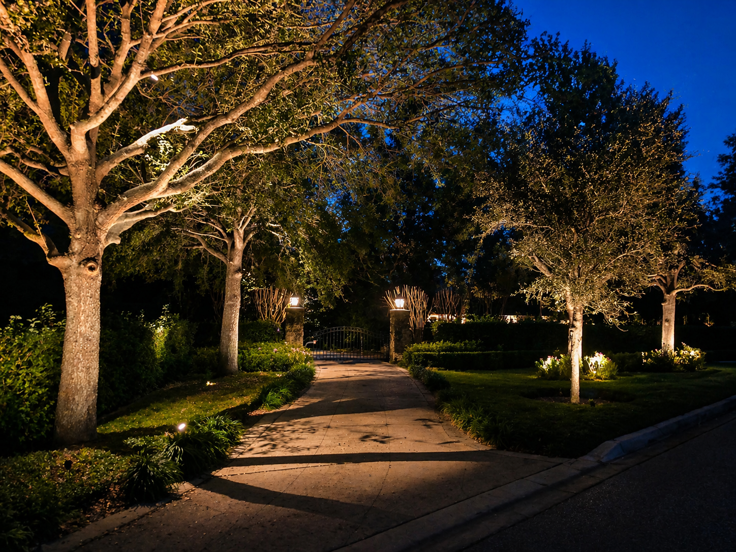 A nighttime view of a garden with a concrete pathway, illuminated by small ground lights, surrounded by trees and bushes. Clearwater Florida