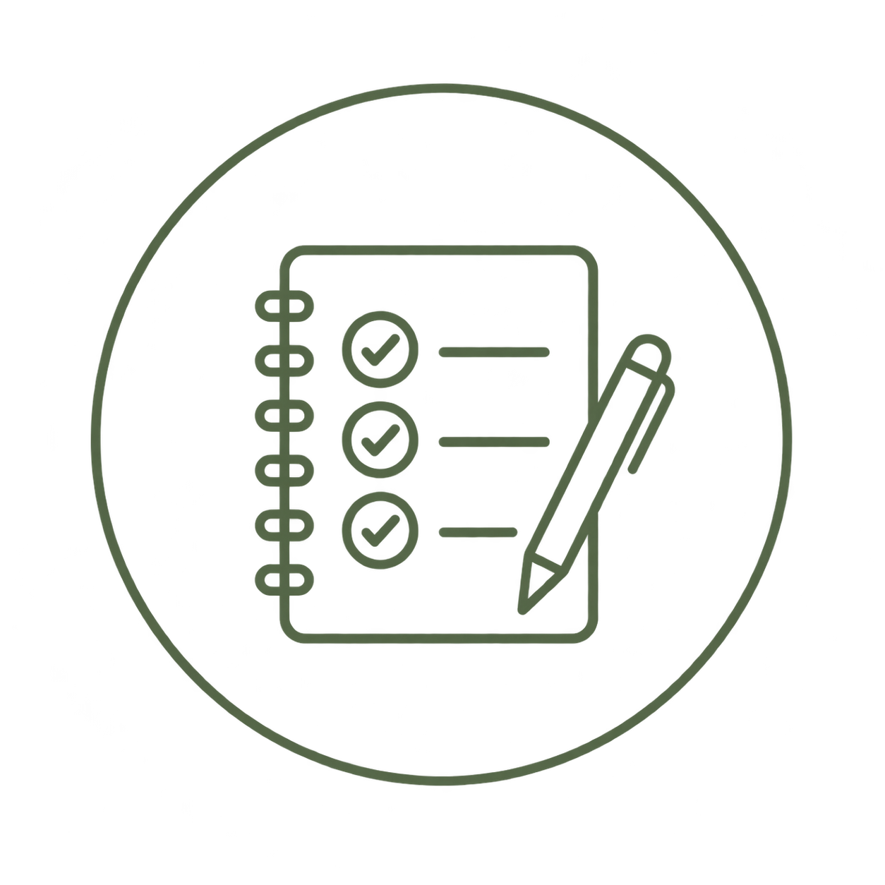 Outline of a planner, checklist with three checked circles, and pen inside a circular outline.