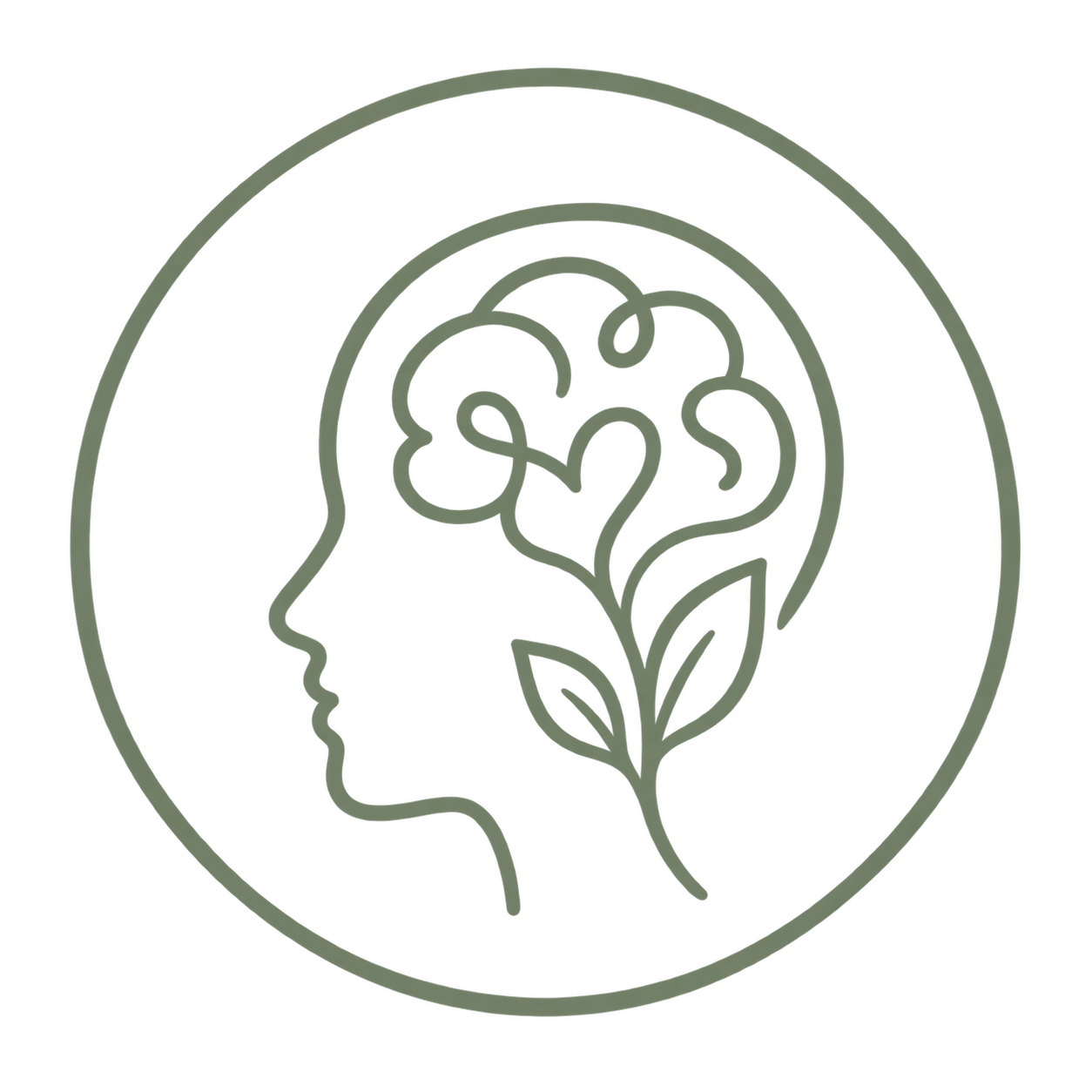 Line drawing of a human head in profile with a brain inside that transitions into a flower with leaves.