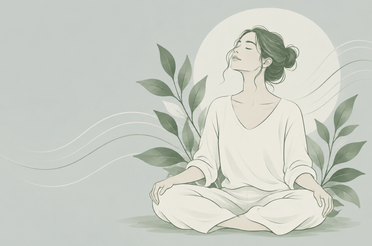 Illustration of a woman practicing meditation outdoors, sitting cross-legged with eyes closed, surrounded by green leaves.