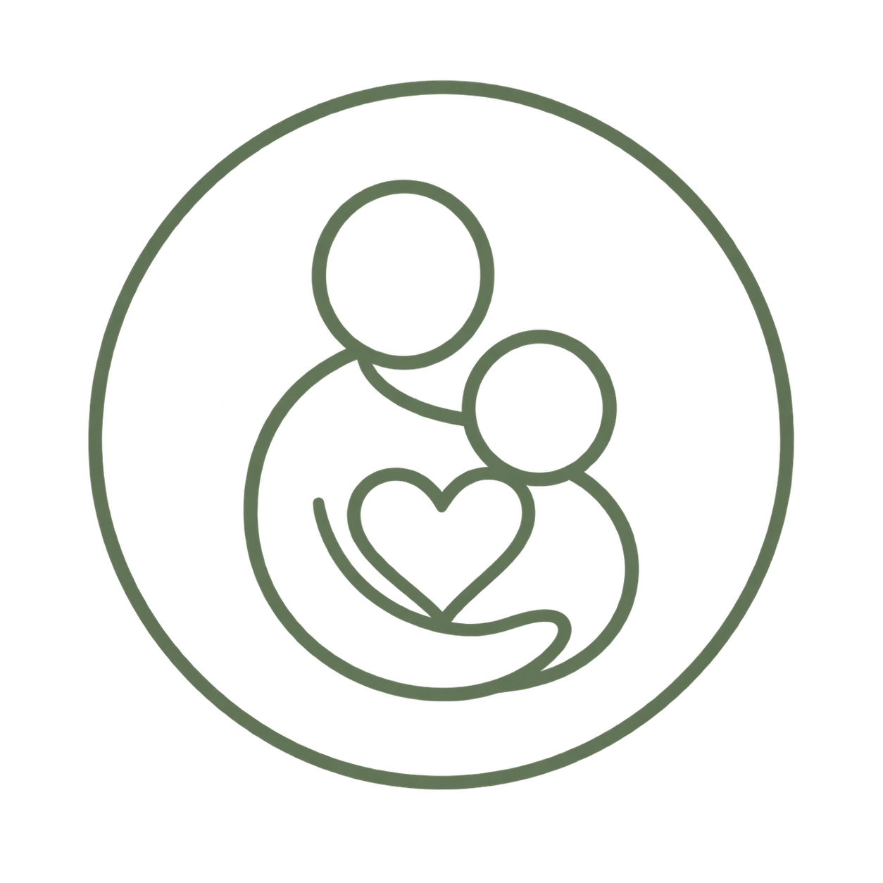 Outline of two figures, one larger and one smaller, with a heart shape between them, enclosed in a circle.