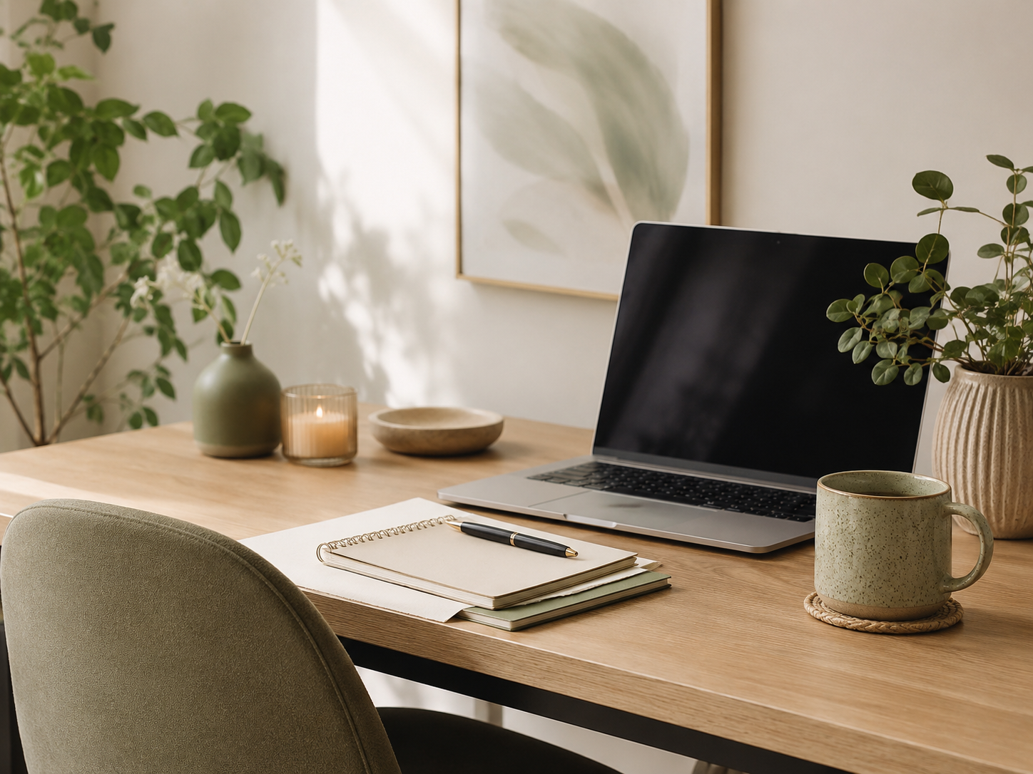 A neatly organized home office workspace with a wooden desk, green upholstered chair, open laptop, notebooks, pen, green mug, decorative vases, candles, and framed botanical art on the wall.