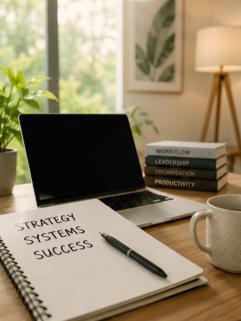 Open notebook with the words 'Strategy, Systems, Success' and a pen on a wooden desk, alongside a laptop, a cup, and a stack of books labeled 'Workflow, Leadership, Organization, Productivity' in a well-lit room with a window and framed artwork.