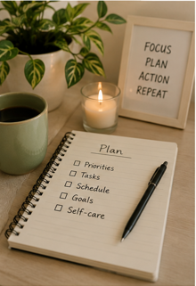 A workspace with a cup of coffee, a potted plant, a candle, and a planner with a checklist and a pen.