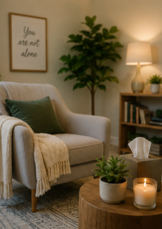Living room with beige sofa, green pillow, cream throw blanket, large indoor plant, framed art quote, wooden side table with tissue box and candles, lamps, and books.