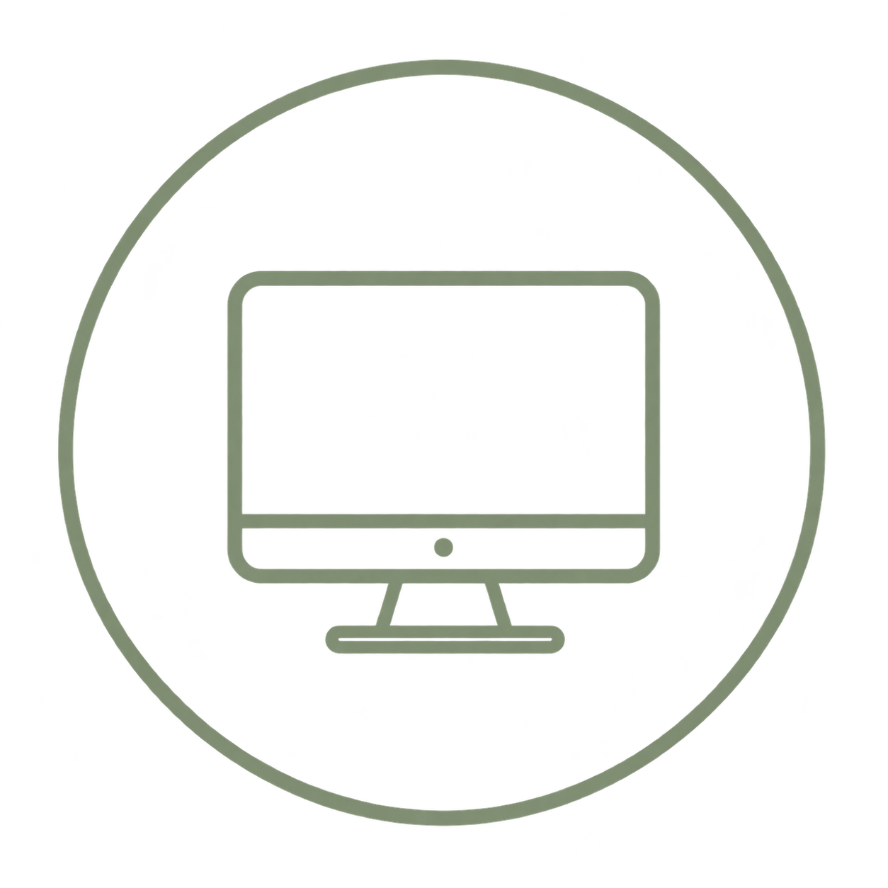 Icon of a computer monitor inside a round green and gray border