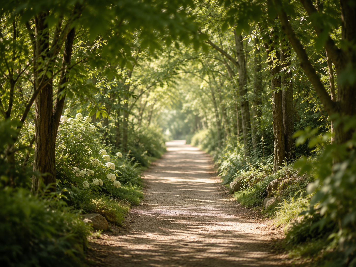 A dirt path surrounded by lush green trees and bushes, with sunlight filtering through the leaves, creating a peaceful forest scene.