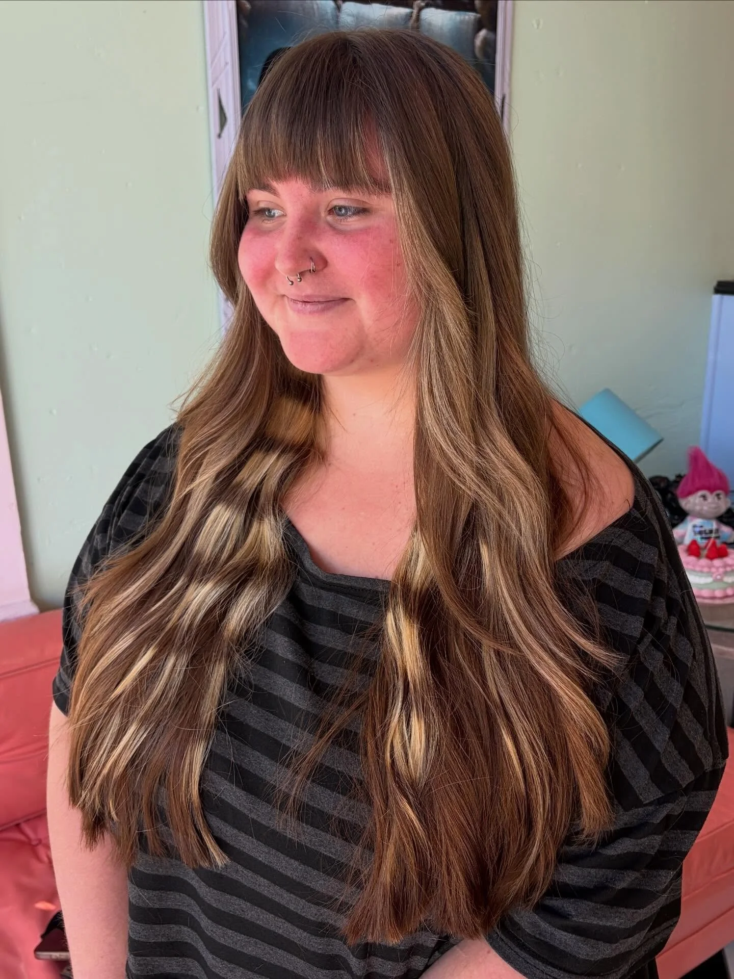 Bangs &amp; long textured face framing layers&hellip; plus her color is still looking awesome 3 months later!