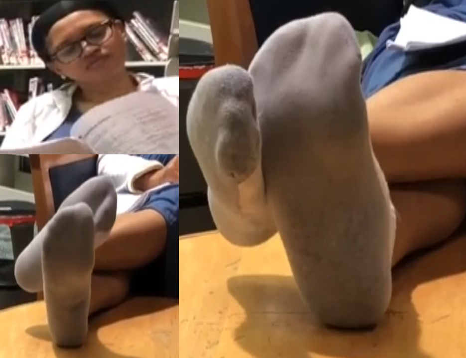 Film 172 - Candid Girl Feet, Ebony Footrubbing in Socks at Library