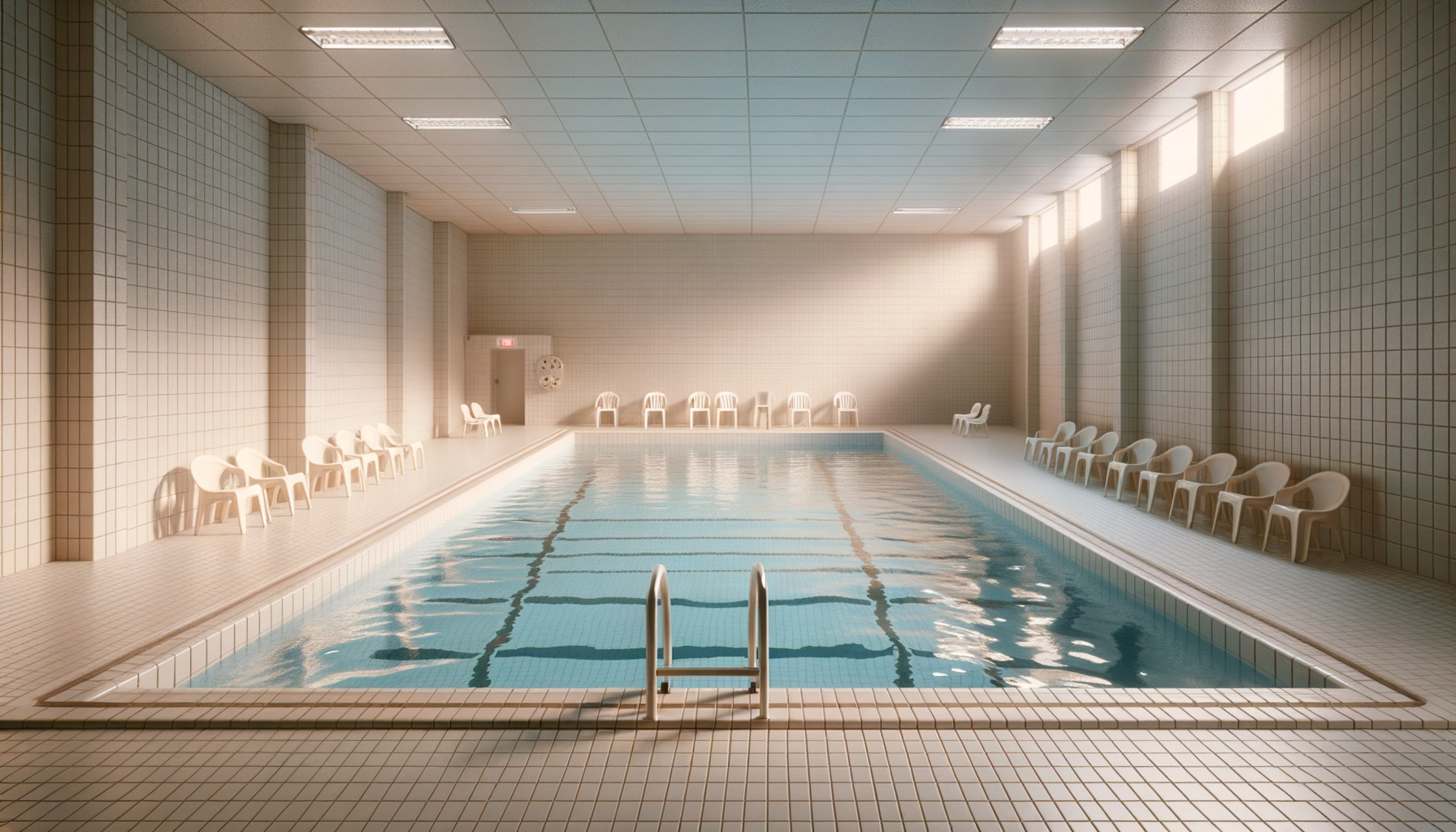 Empty indoor swimming pool with white tile walls and ceiling, white plastic chairs lined along the sides, pool ladder at the foreground, and bright windows on the right side.