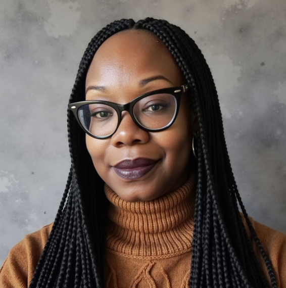 A woman with long braided hair, wearing glasses, a brown turtleneck sweater, and hoop earrings, smiling against a gray background.