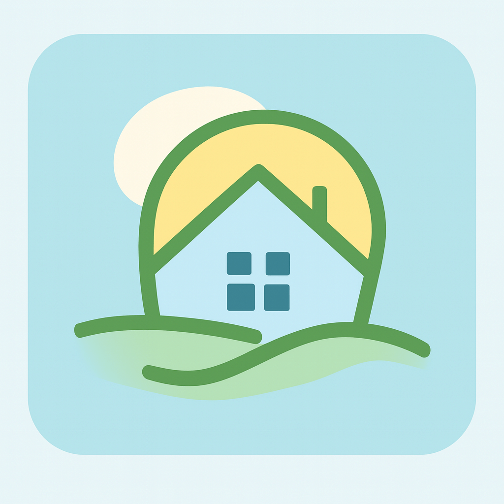 A stylized drawing of a house with four windows, green roof and outline, set against a backdrop of a yellow sun and pale blue sky with a white sun.