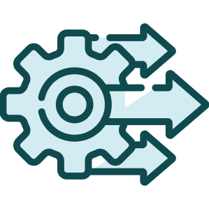 Icon of a gear with three arrows pointing outward from it.