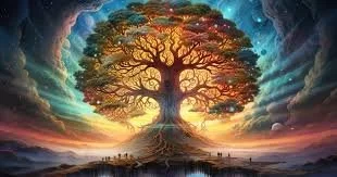 A large, colorful tree with sprawling branches in front of a vibrant sunset sky, reflecting on a body of water below.