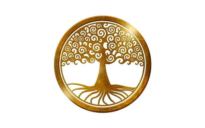 A circular metallic emblem with a stylized tree design, featuring a complex, swirling canopy and exposed roots.