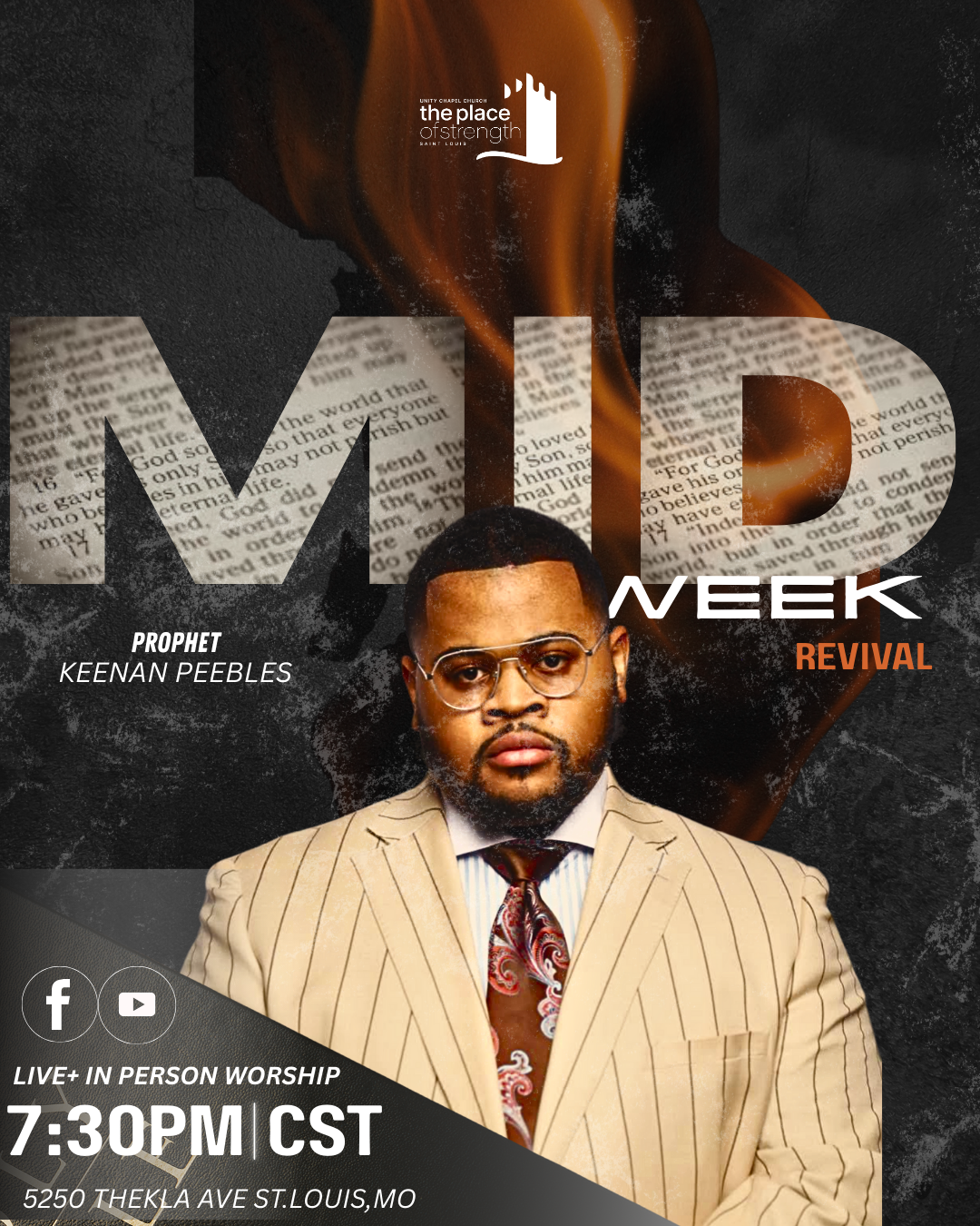 Promotional flyer for a religious revival event featuring Prophet Keenan Peebles, scheduled for 7:30 PM CST at 5250 Thekla Ave, St. Louis, MO. The flyer includes a photo of Prophet Keenan Peebles, event details, and social media icons for Facebook and YouTube.
