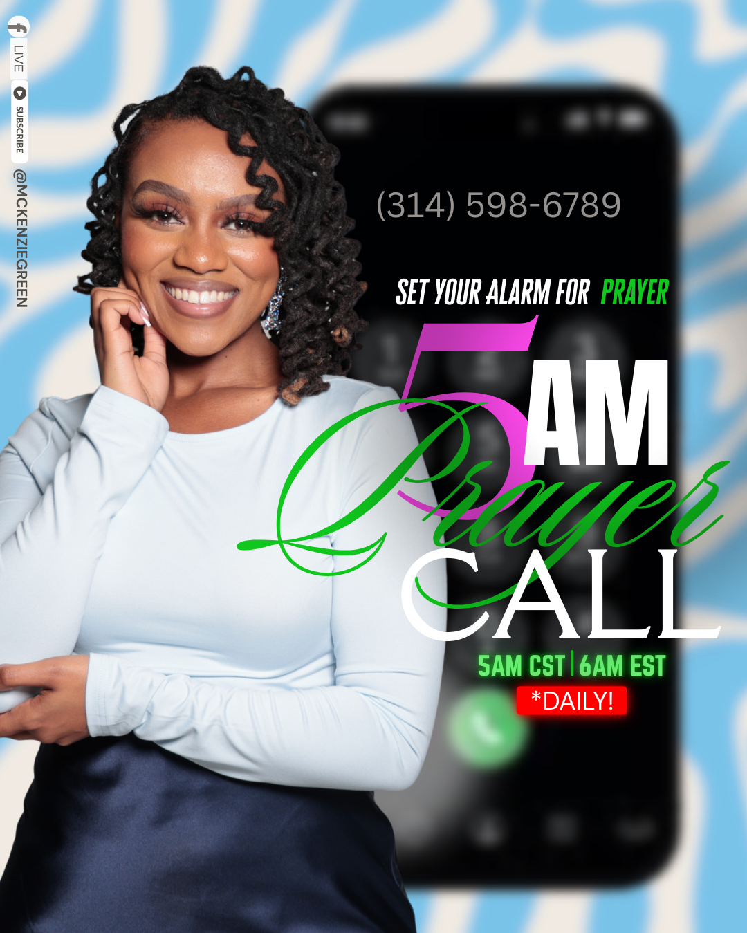 A smiling woman with curly hair touching her face, standing in front of a blurred phone screen with text about setting an alarm for prayer at 5 AM daily, with details about the time and call for prayer.